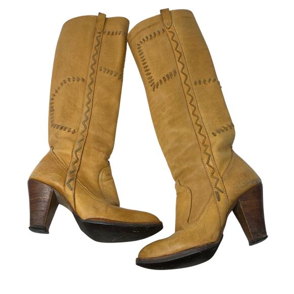 The Wild Pair Shoes - Vintage 70s The Wild Pair Leather Boots Womens 6.5 B Tan Western Boho Tall